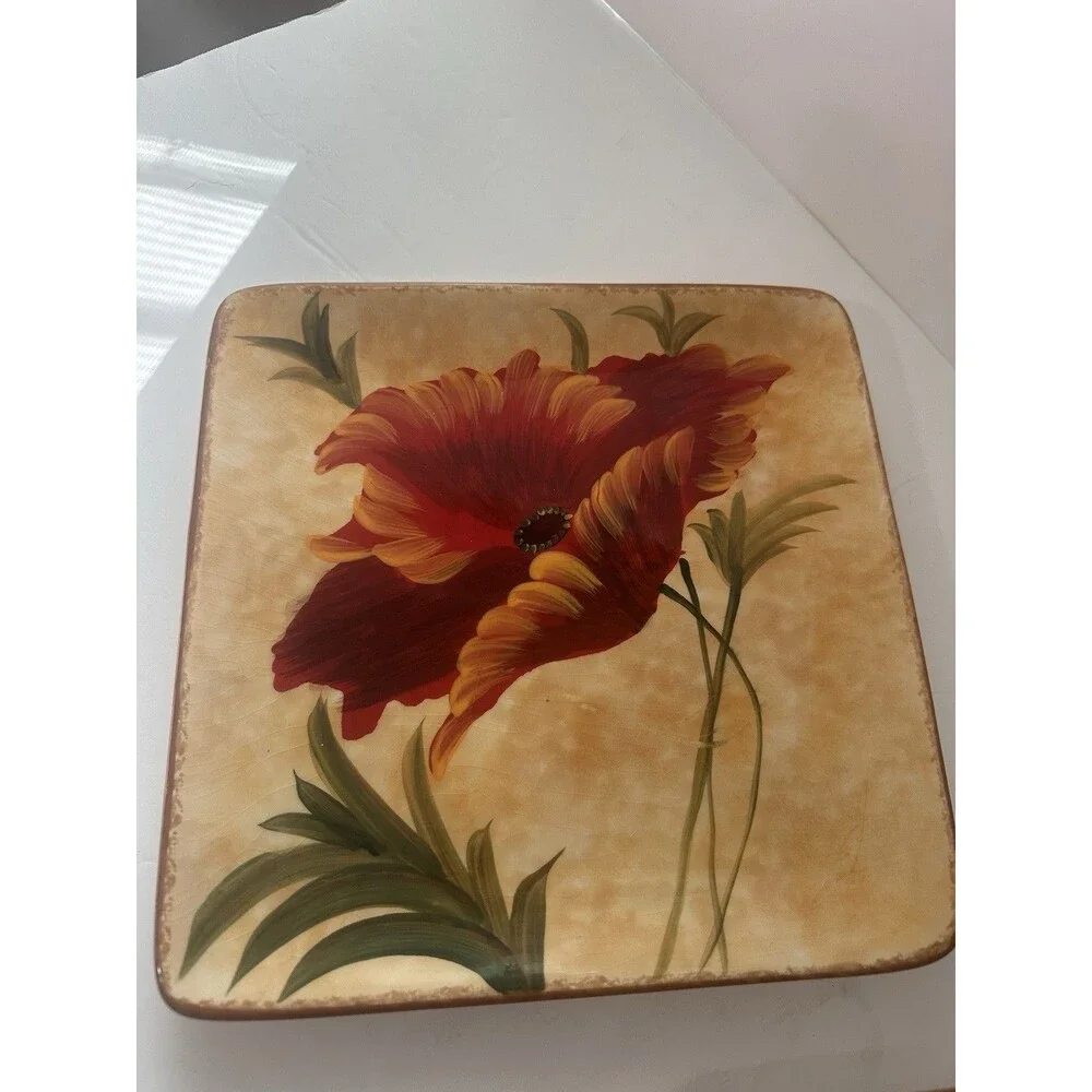 Pier 1 Imports Poppies Plates 8.5 In Hand Painted Earthenware Square Floral Red